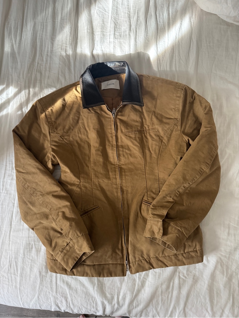 Colne tan barn jacket with black leather collar